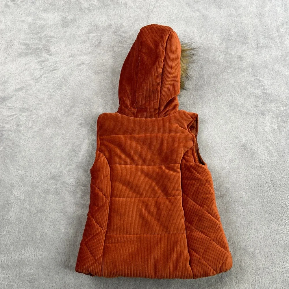 Nicole Miller Corduroy Puffer Vest 2T Orange Women Faux Fur Hood Quilted Zip
